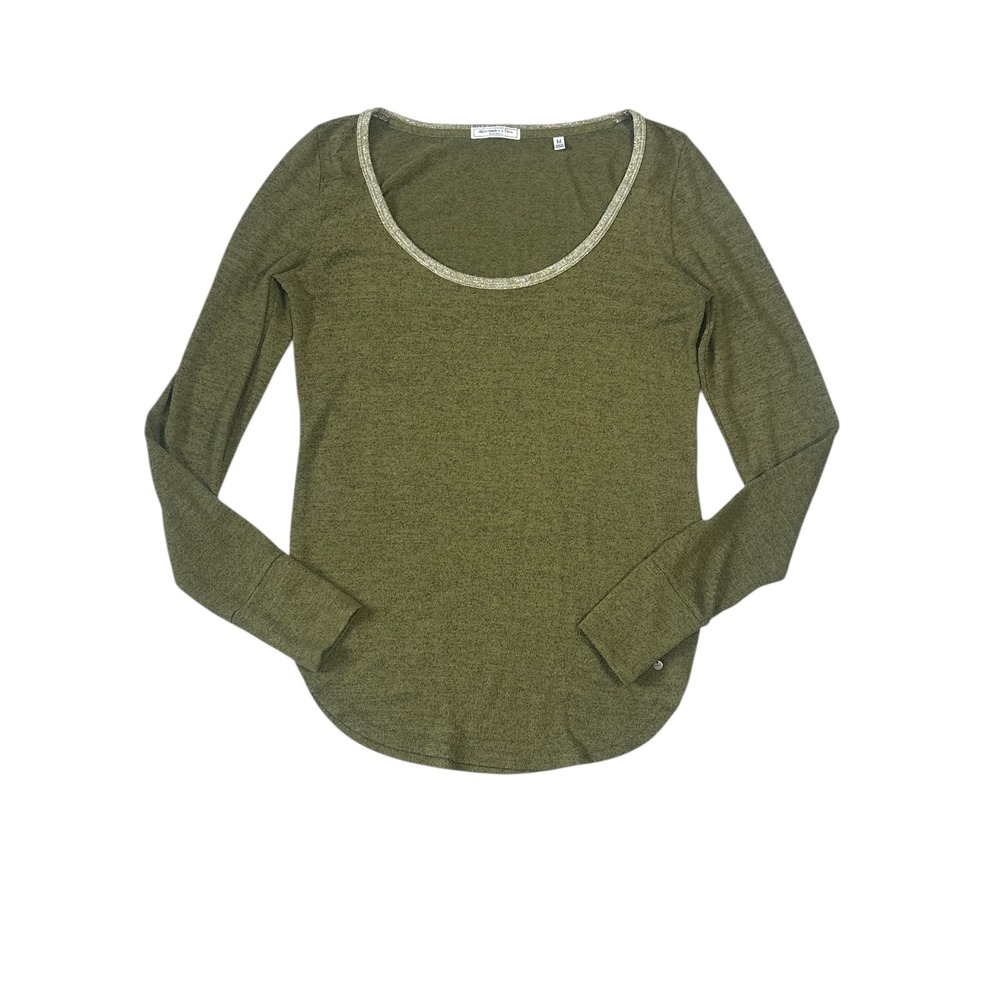 Y2K Abercrombie Olive Green Lurex Trim Scoop Neck Long Sleeve Top‎
